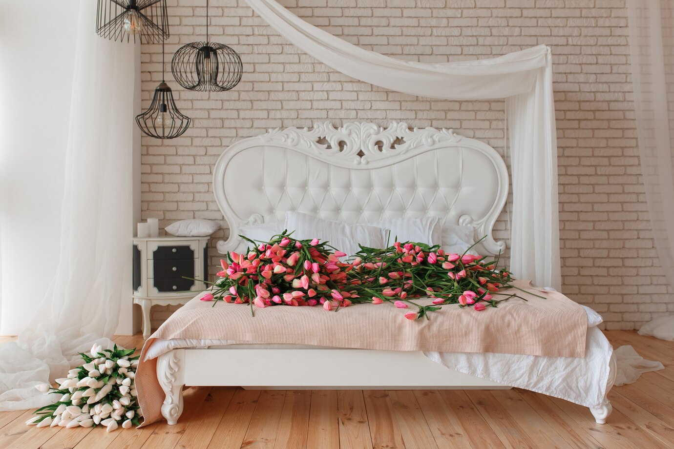 big classic bed on brick